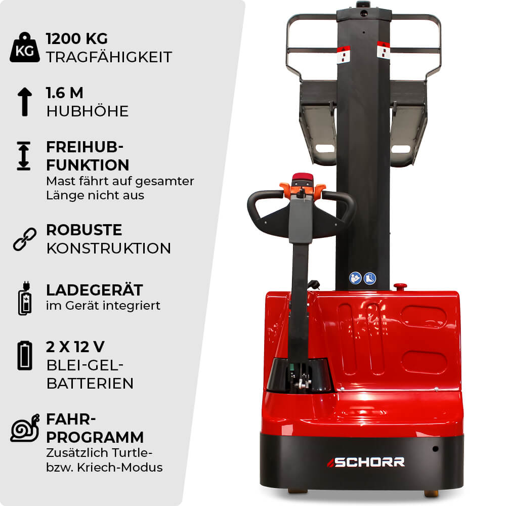 SCHORR Elektro-Hochhubwagen 1200 kg Monomast, Hub 1,6 m – Bild 2