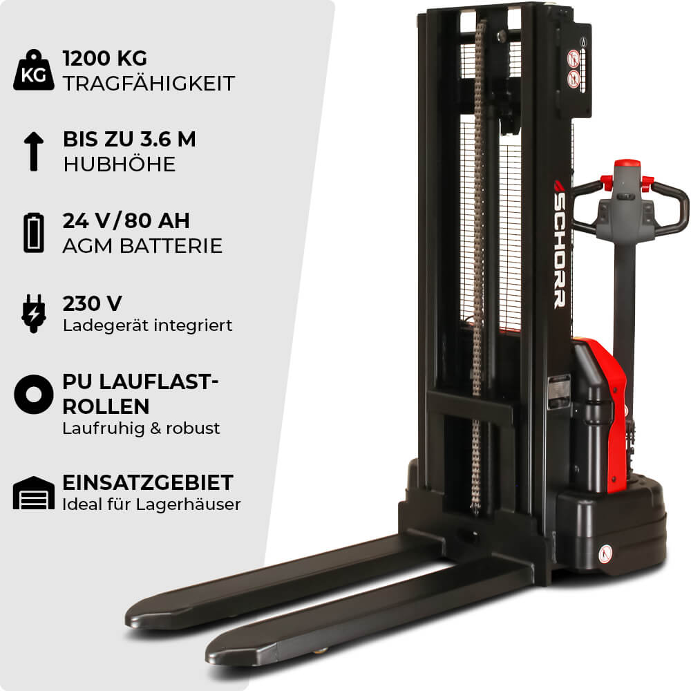 SCHORR Elektro-Hochhubwagen PRO 1200 kg, Hub 2,5–3,6 m – Bild 2