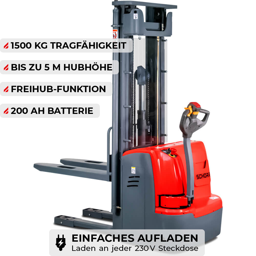 SCHORR Elektro-Hochhubwagen 1500 kg Freihub, Hub 4,5–5,0 m – Bild 2