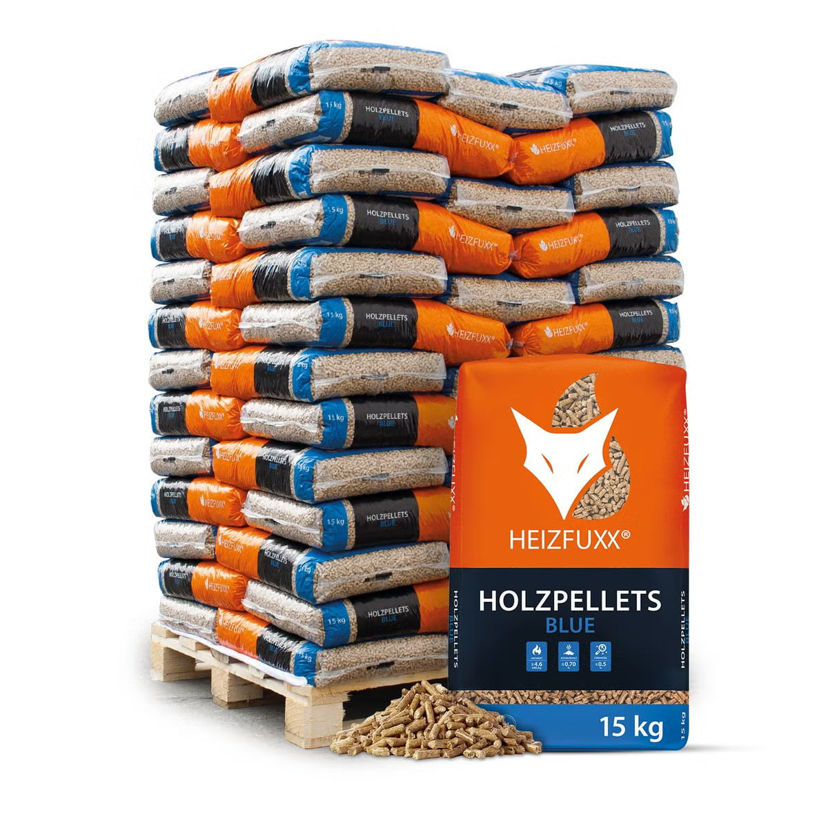 Heizfuxx Blue ENplus A1 Holzpellets – 975 kg Palette (65 × 15 kg)