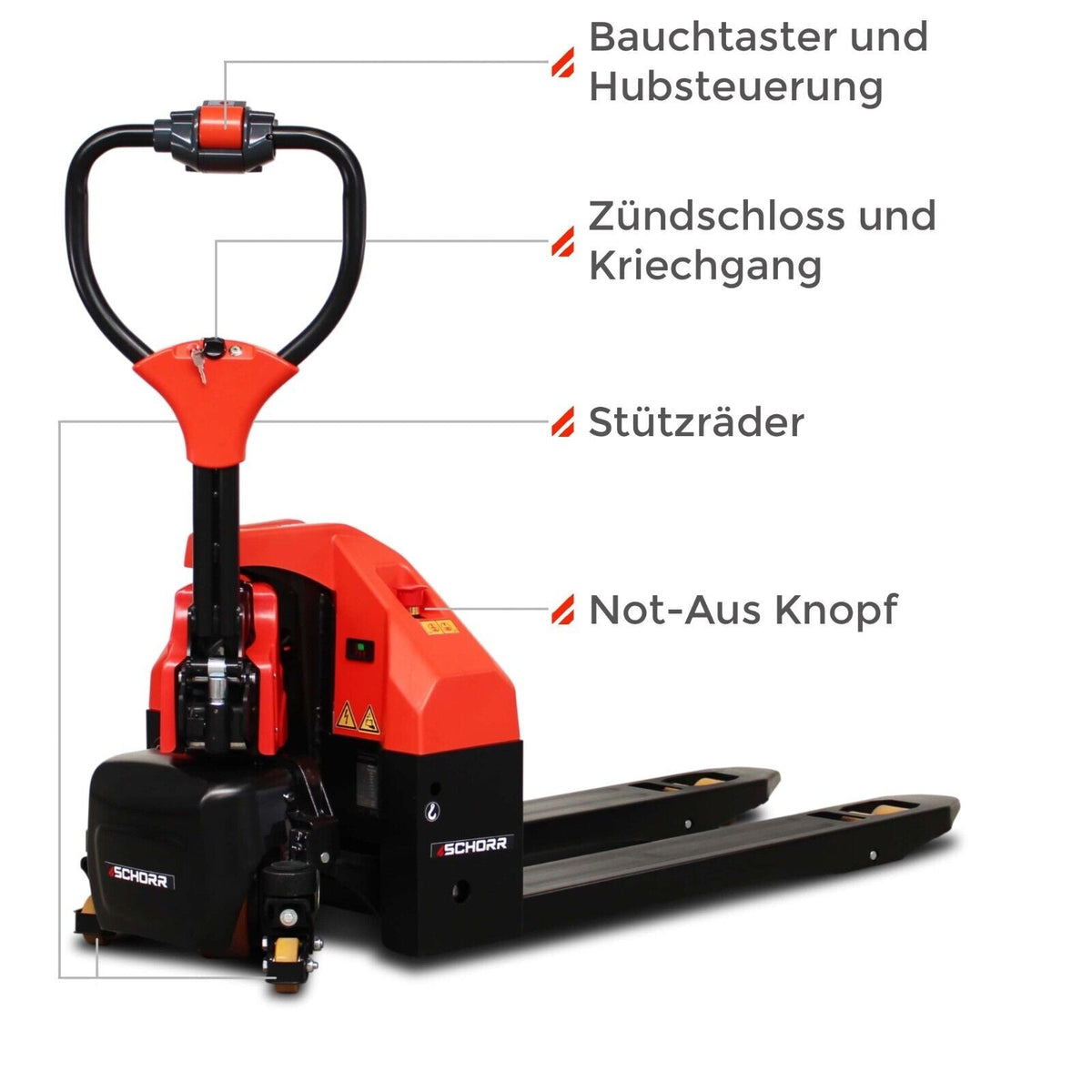 SCHORR Elektro-Niederhubwagen 1500 kg mit Stützrädern – Bild 6