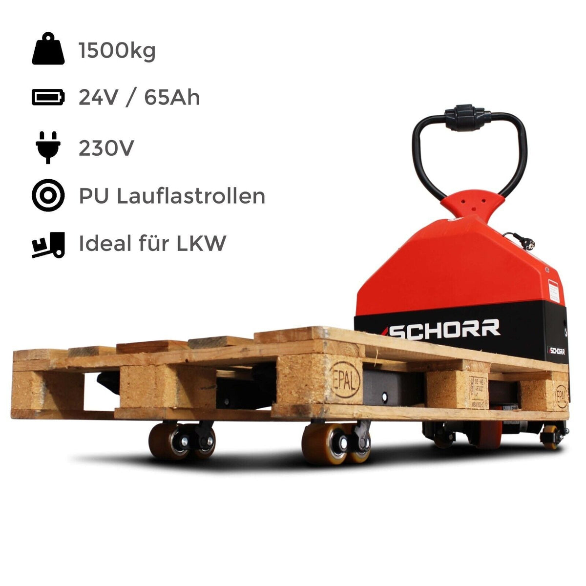 SCHORR Elektro-Niederhubwagen 1500 kg mit Stützrädern – Bild 4